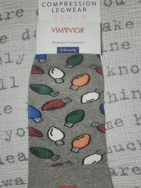 Vim & Vigr -Gray Compression Socks - Multi-Colored Light Bulb Pattern